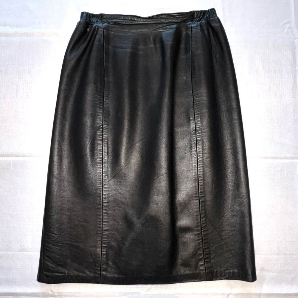 Vintage 90s Y2K Black Leather Pencil Skirt Elastic Waist Size 12 Bettina